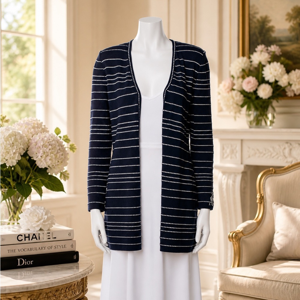 St. John Collection Cardigan •   Blue Striped •   Long Sleeve with Open Front